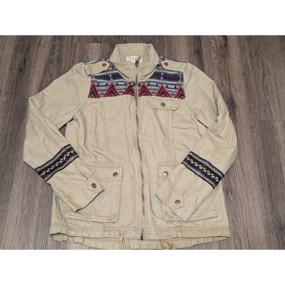 Lucky Brand Live In Love Khaki Linen Western‎ Boho Zip Pockets Jacket Size M